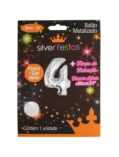 Balão Metalizado Prata 80cm Número 4 - Silver Festas