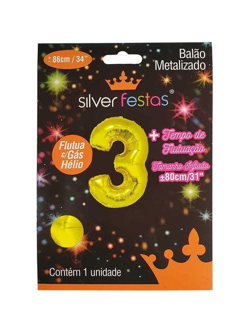 Balão Metalizado Ouro 80cm Número 3 - Silver Festas