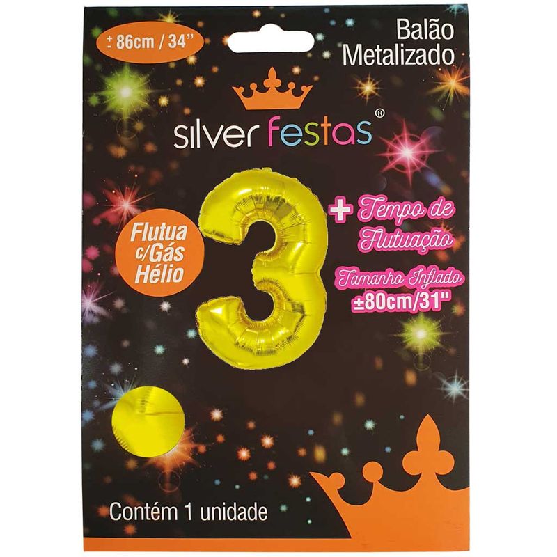 Balao-Metalizado-Ouro-80cm-Numero-3---Silver-Festas