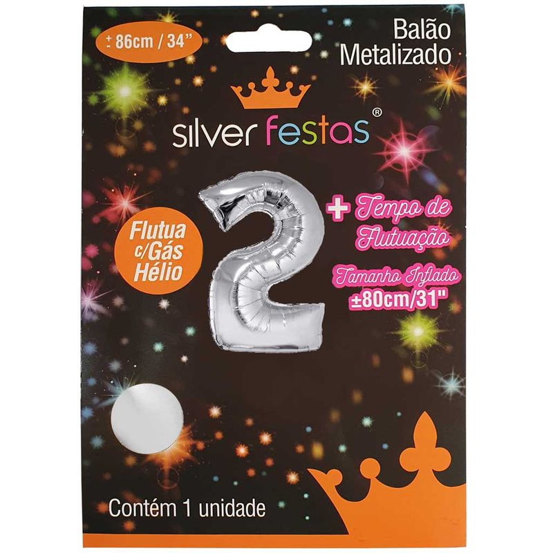 Balao-Metalizado-Prata-80cm-Numero-2---Silver-Festas