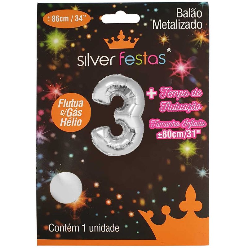 Balao-Metalizado-Prata-80cm-Numero-3---Silver-Festas