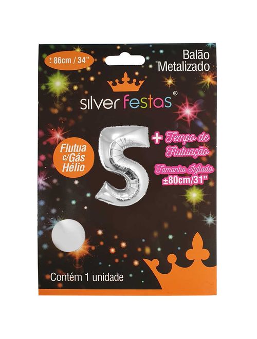 Balão Metalizado Prata 80cm Número 5 - Silver Festas