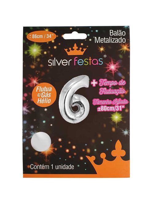 Balão Metalizado Prata 80cm Número 6 - Silver Festas