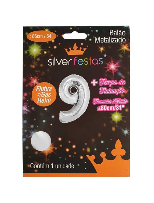 Balão Metalizado Prata 80cm Número 9 - Silver Festas