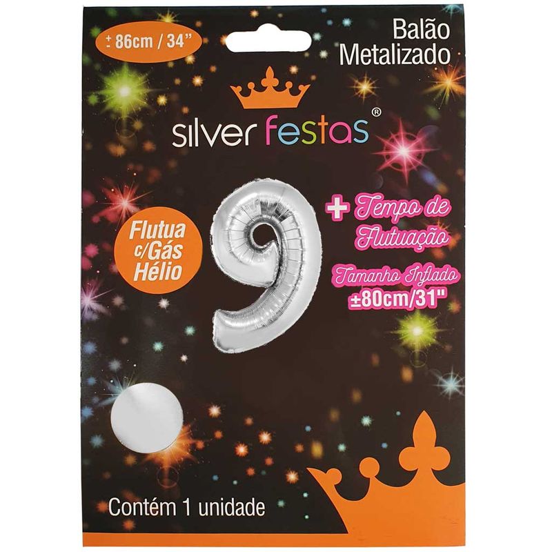 Balao-Metalizado-Prata-80cm-Numero-9---Silver-Festas