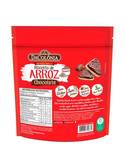 Biscoito de Arroz com Chocolate Zero Açúcar 50g - Dacolônia