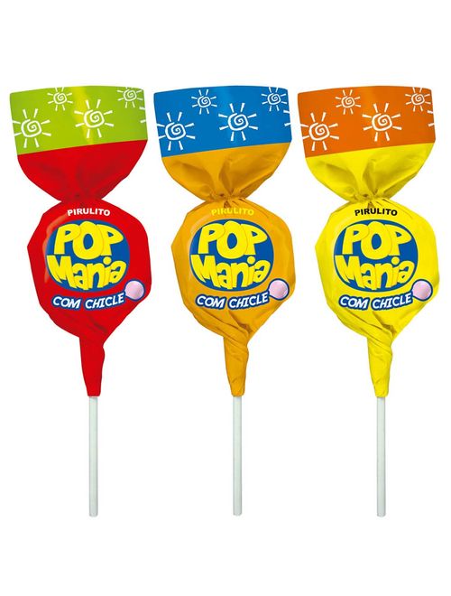 Pirulito Pop Mania Frutas Tropicais Recheio Chiclete 500g - Riclan