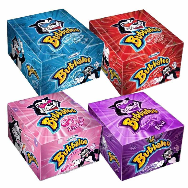 Kit-com-4-caixas-c-60-Chiclete-Bubbaloo---1-Fruta-1-Uva-1Morango-1Hortela
