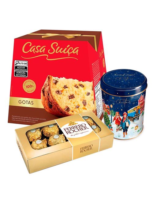 Kit Natalino Presente Panettone Chocolate + Ferrero Rocher + Lata Butter Cookies