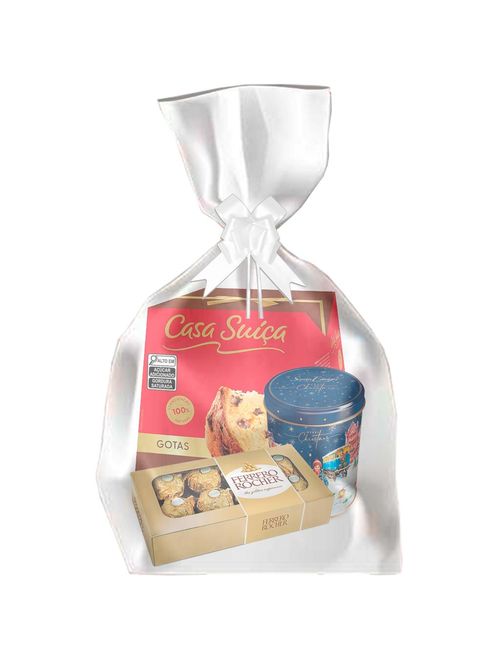 Kit Natalino Presente Panettone Chocolate + Ferrero Rocher + Lata Butter Cookies