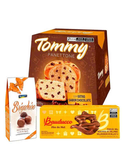 Kit Natalino Presente Panettone Chocolate + Bombom + Pão de Mel