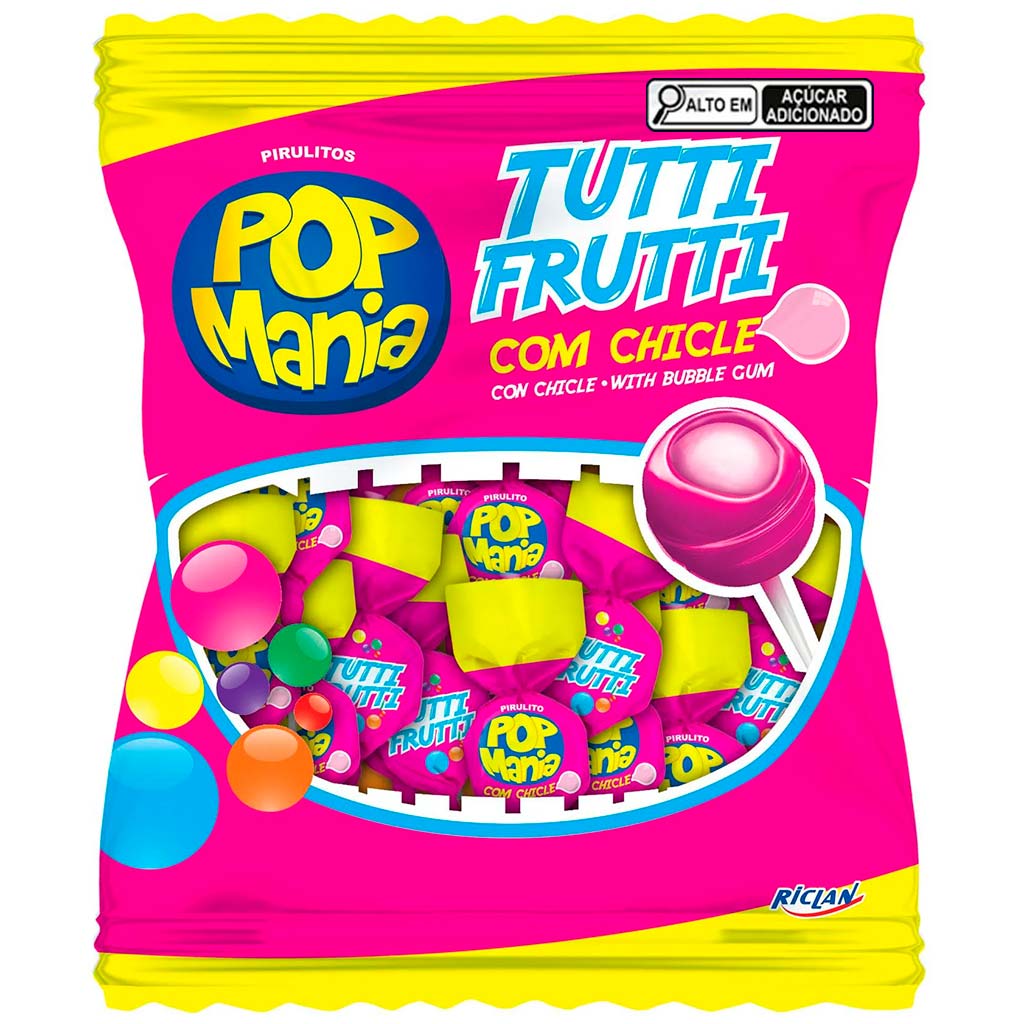 Pirulito Pop Mania Tutti Frutti Recheio Chiclete 500g - Riclan - Doce Malu