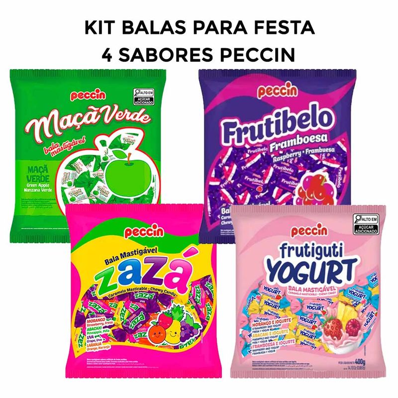 Kit-Festa-com-as-Balas-400g-Peccin---Frutibelo-Zaza-Frutiguti-e-Maca-Verde