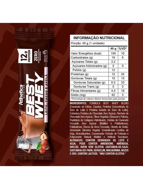 Best Whey Barra de Proteina Leite, Cacau e Avelã 49g - Atlhetica Nutrition