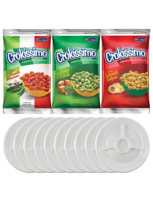 Kit Petisco - 3 Amendoins Crokissimo + 10 Pratos com Divisória