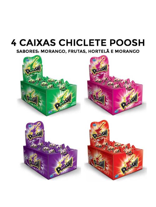 Kit com 4cx Chiclete Poosh 1 Morango, 1 Fruta, 1 Hortelã e 1 Uva c/40 - Arcor