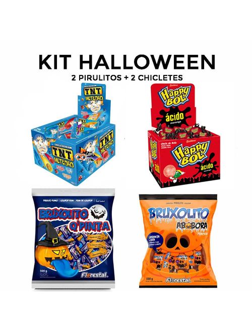 Doces Dia das Bruxas Halloween 1 Pirulito Abóbora e 1 Bruxolito, 1  Cabeça Abóbora e 1 Atomic Acid