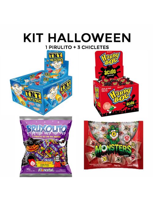 Doces Dia das Bruxas Halloween 3 Chiclés (Cabeça Abóbora+Olho+Baba de Bruxa) 1 Pirulito Bruxolito