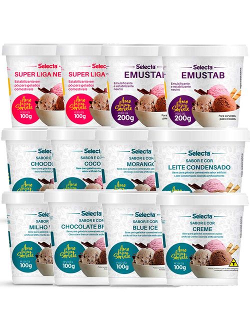 Kit Faça Sorvete em Casa Escolha da Malu Sabores + Bases 12 Itens