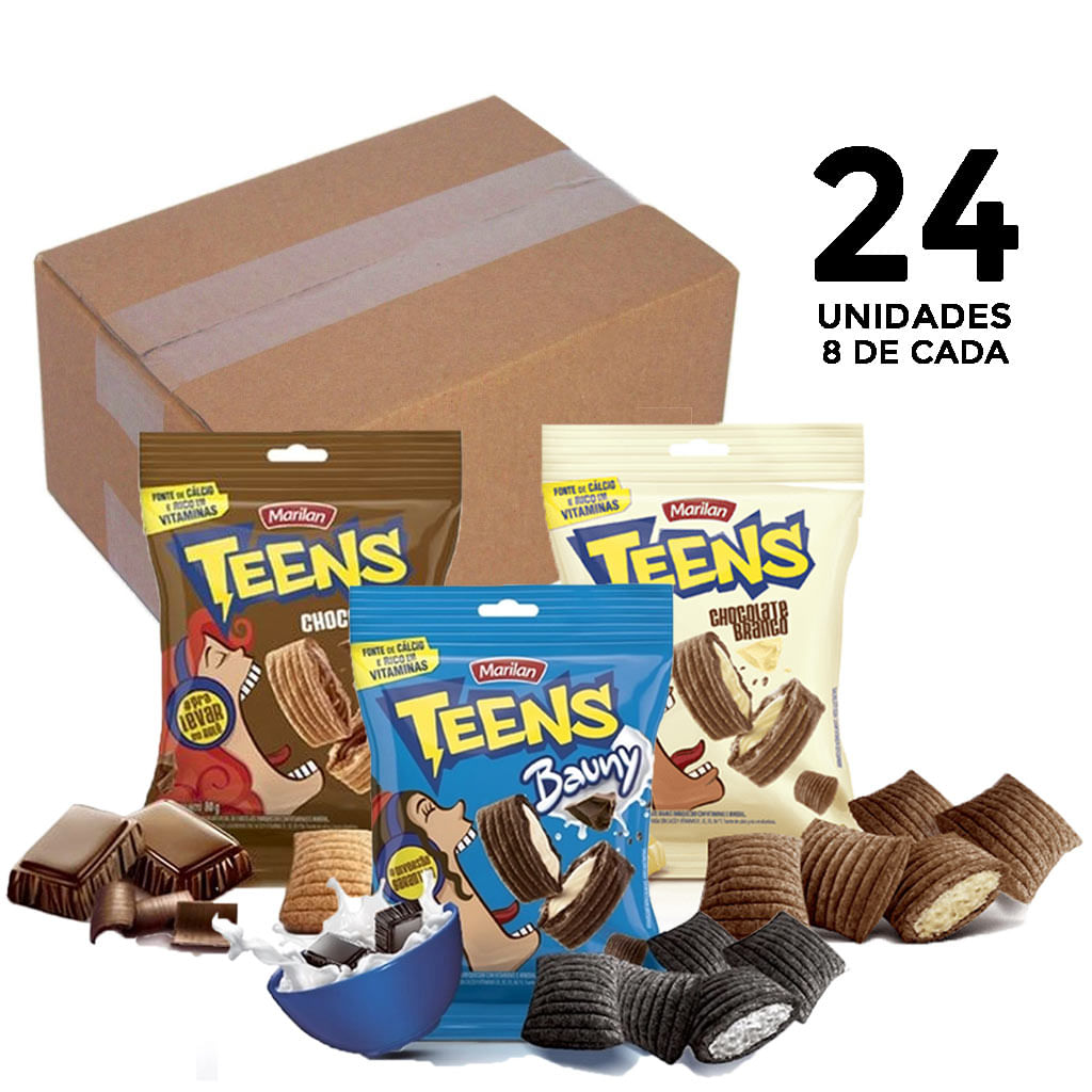 Kit Lanchinho c/3 Biscoito Recheado Teens Chocolate, Baunilha e Branco 30g c/8 cada - Marilan