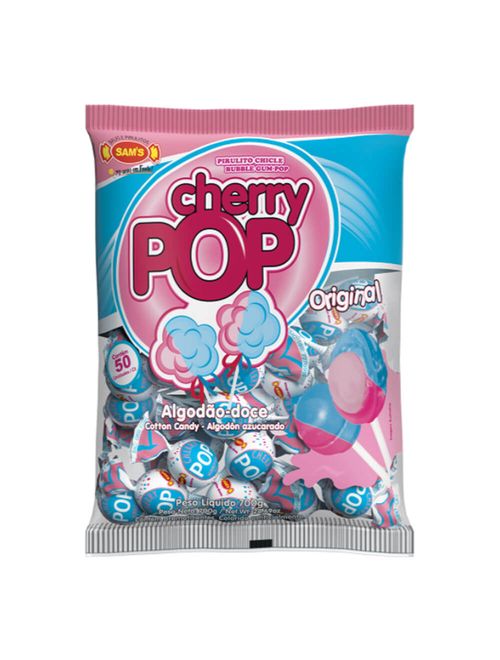 Pirulito Cherry Pop Algodão Doce Recheio Chiclete c/50 - Sams