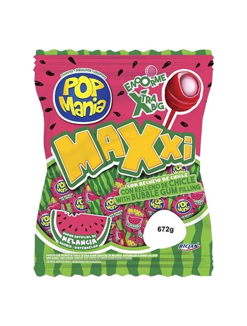 Pirulito Pop Mania Maxxi Melancia Recheio Chiclete c/24 - Riclan