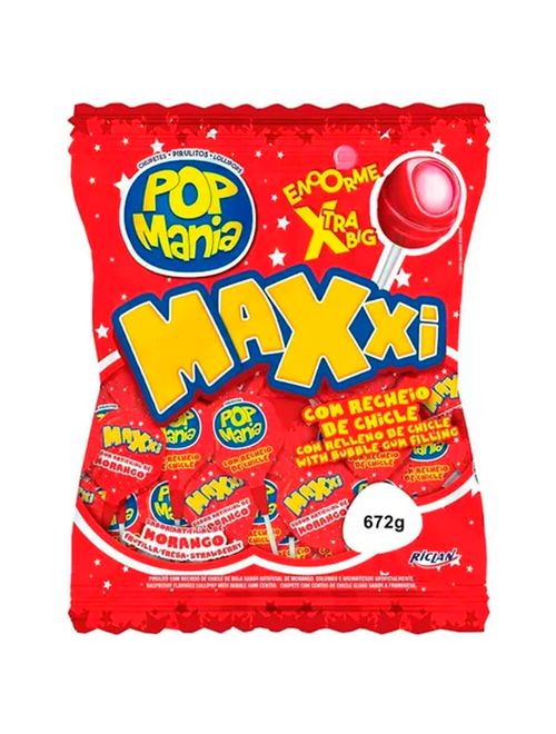 Pirulito Pop Mania Maxxi Morango Recheio Chiclete c/24 - Riclan