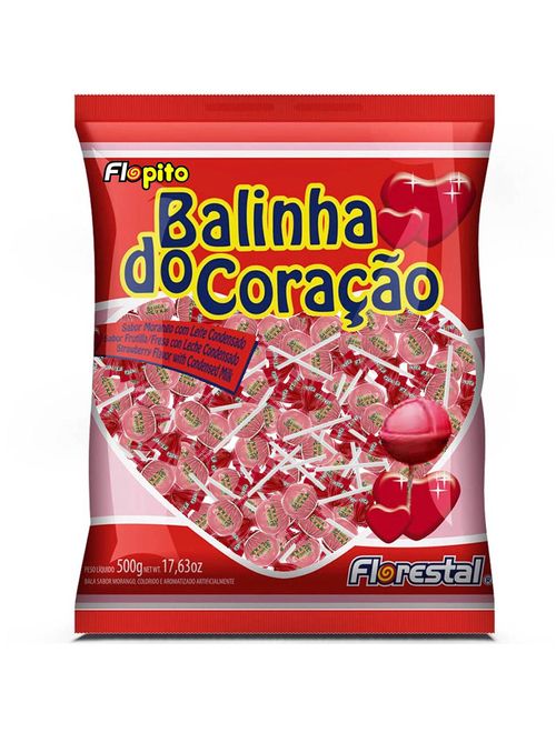 Pirulito Flopito Balinha do Coração Recheado Sabor Morango com Leite Condensado 500g - Florestal