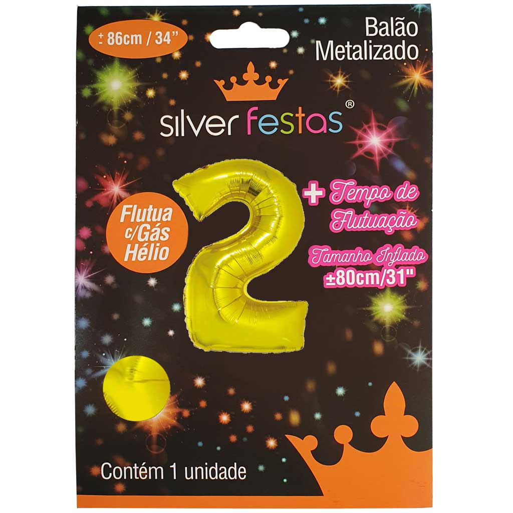 Encontraproduto.com.br - Balão Metalizado Ouro 80cm Número 2 - Silver Festas