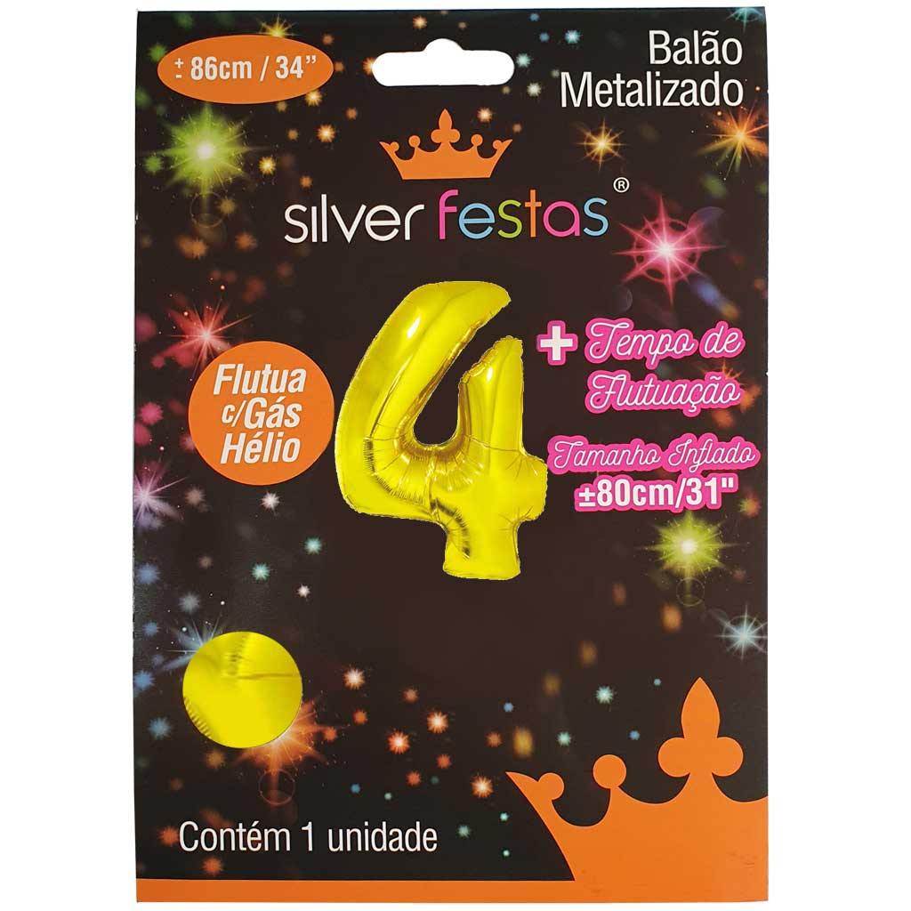Encontraproduto.com.br - Balão Metalizado Ouro 80cm Número 4 - Silver Festas