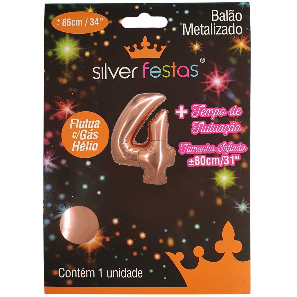 Encontraproduto.com.br - Balão Metalizado Rosê Gold 80cm Número 4 - Silver Festas