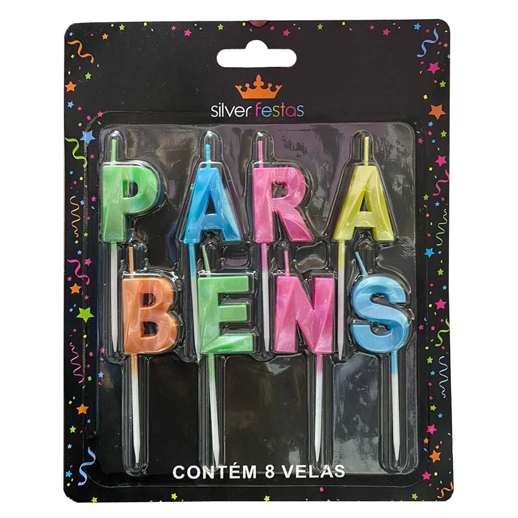 Encontraproduto.com.br - Velas Aniversário Parabéns Neon Colorido c/8 - Silver Festas