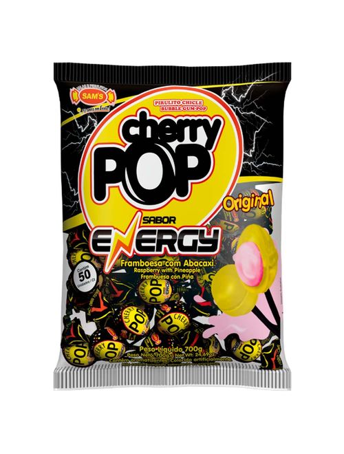 Pirulito Cherry Pop Energy Recheio Chiclete c/50 - Sams