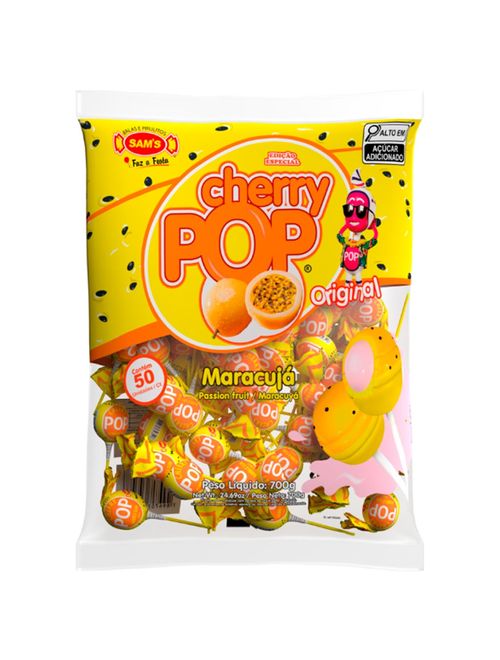 Pirulito Cherry Pop Maracujá Recheio Chiclete c/50 - Sams