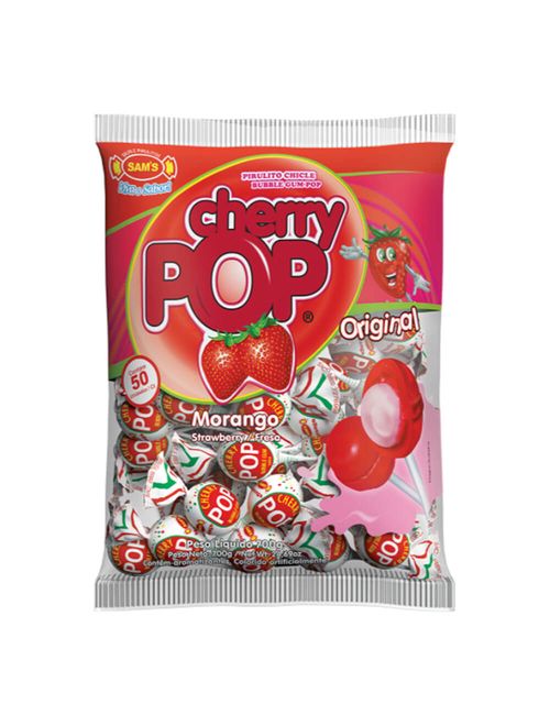 Pirulito Cherry Pop Morango Recheio Chiclete c/50 - Sams