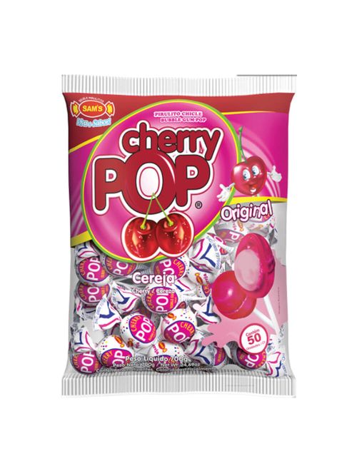 Pirulito Cherry Pop Cereja Recheio Chiclete c/50 - Sams