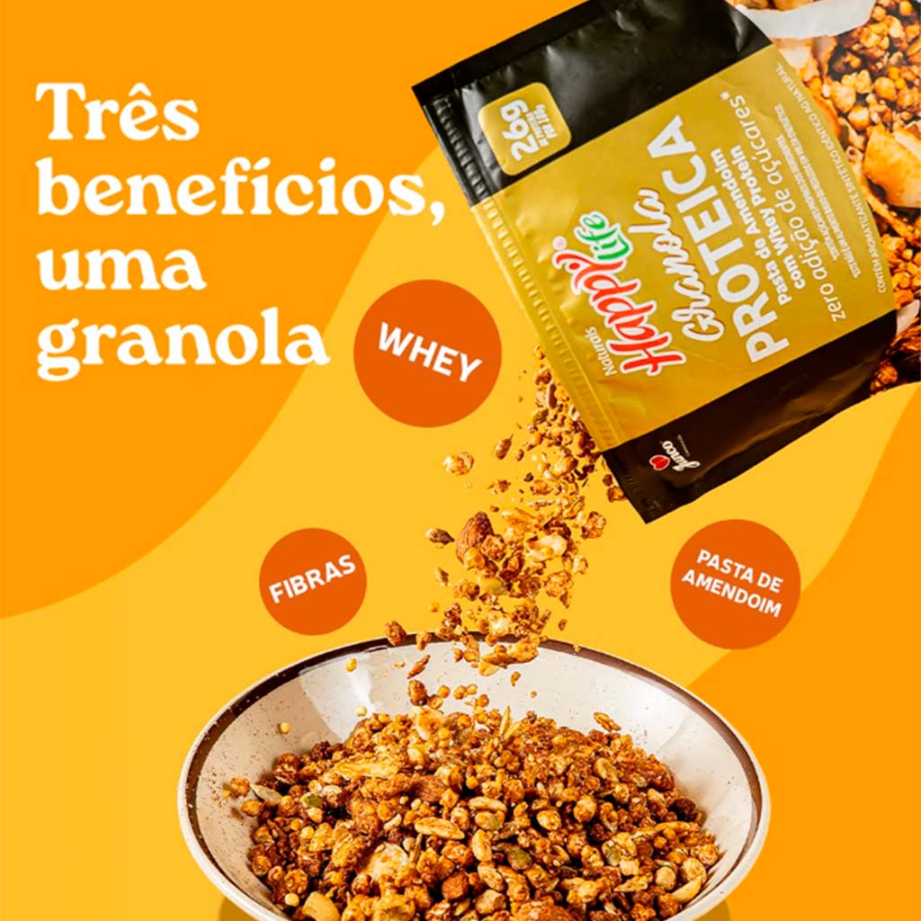 Granola Happy Life Proteica Whey e Pasta de Amendoim Zero Açúcar
