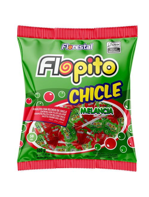 Pirulito Flopito Melancia Recheio Chiclete 500g - Florestal